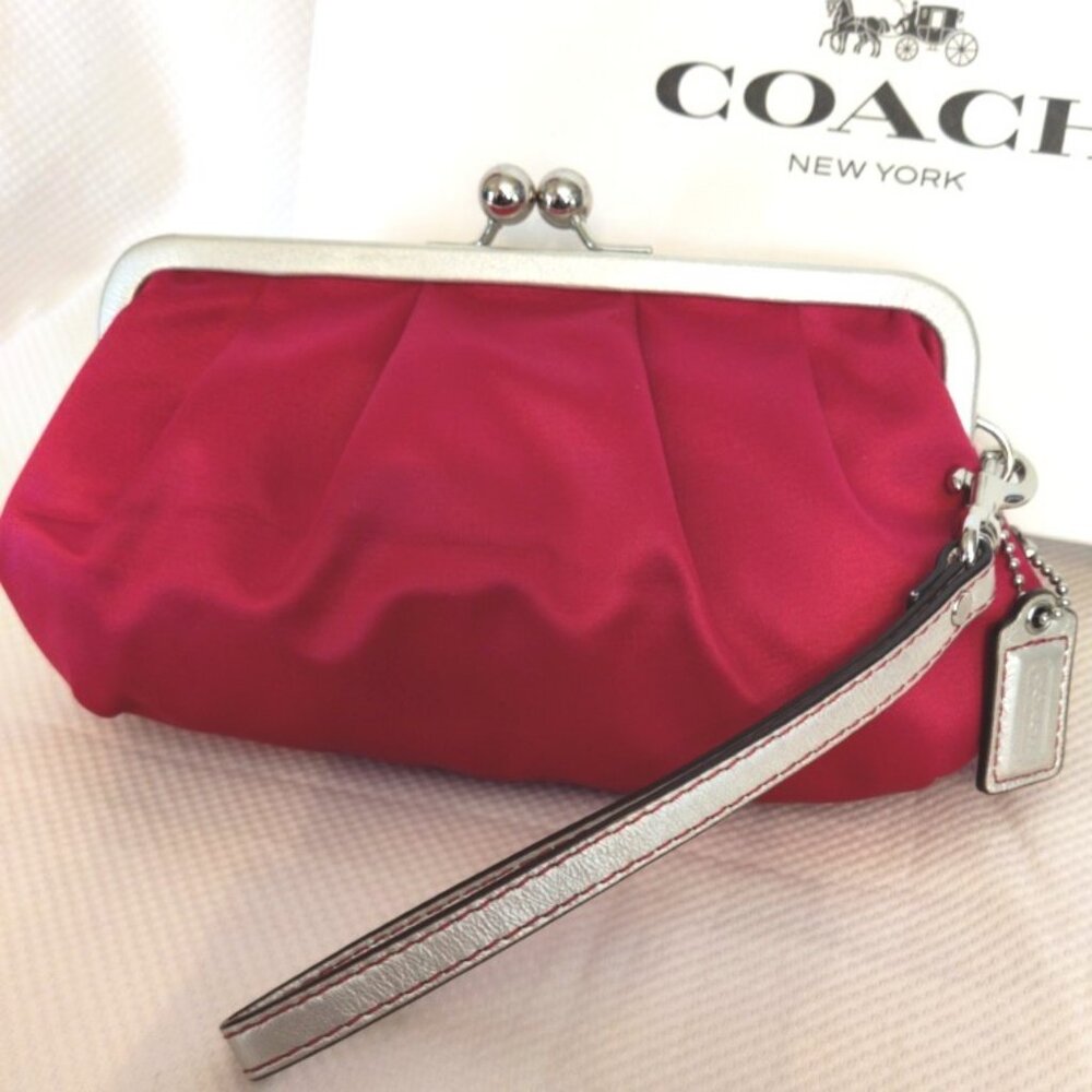 Coach Satin Metallic Silver Leather Frame Kisslock Clutch Wristlet - Magenta EUC - Picture 8 of 9